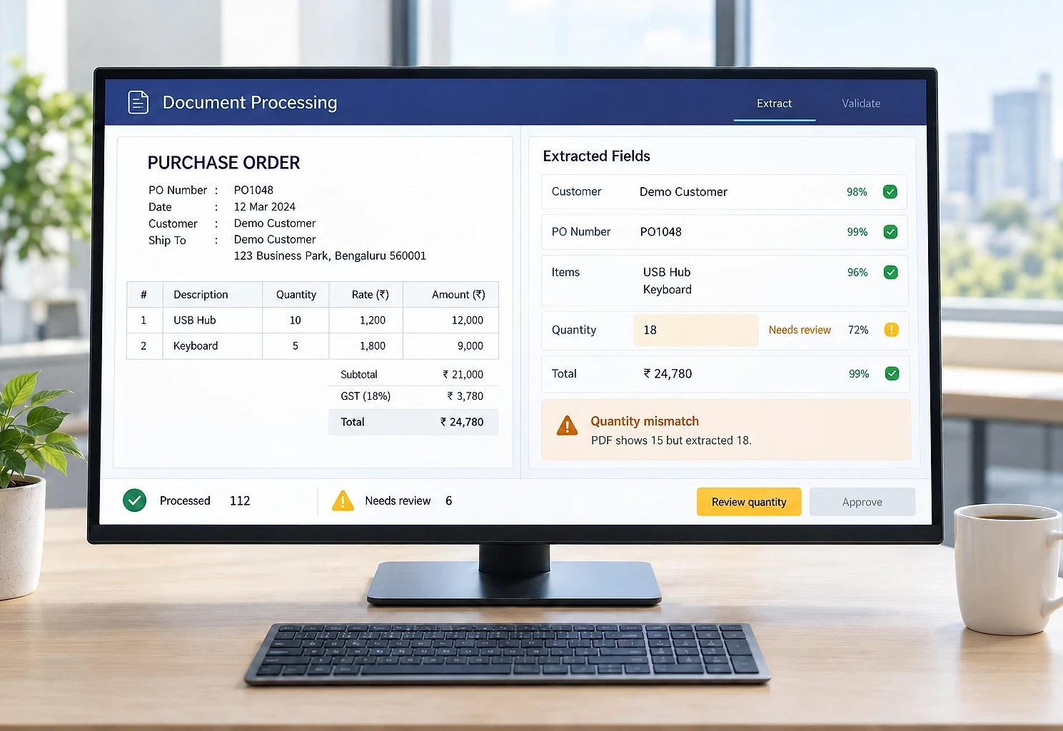 A document processing screen extracting purchase order fields, with one quantity flagged for review