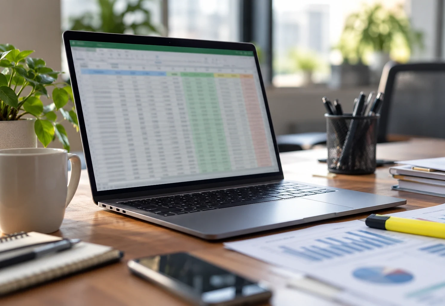 Laptop showing a large spreadsheet on an office desk