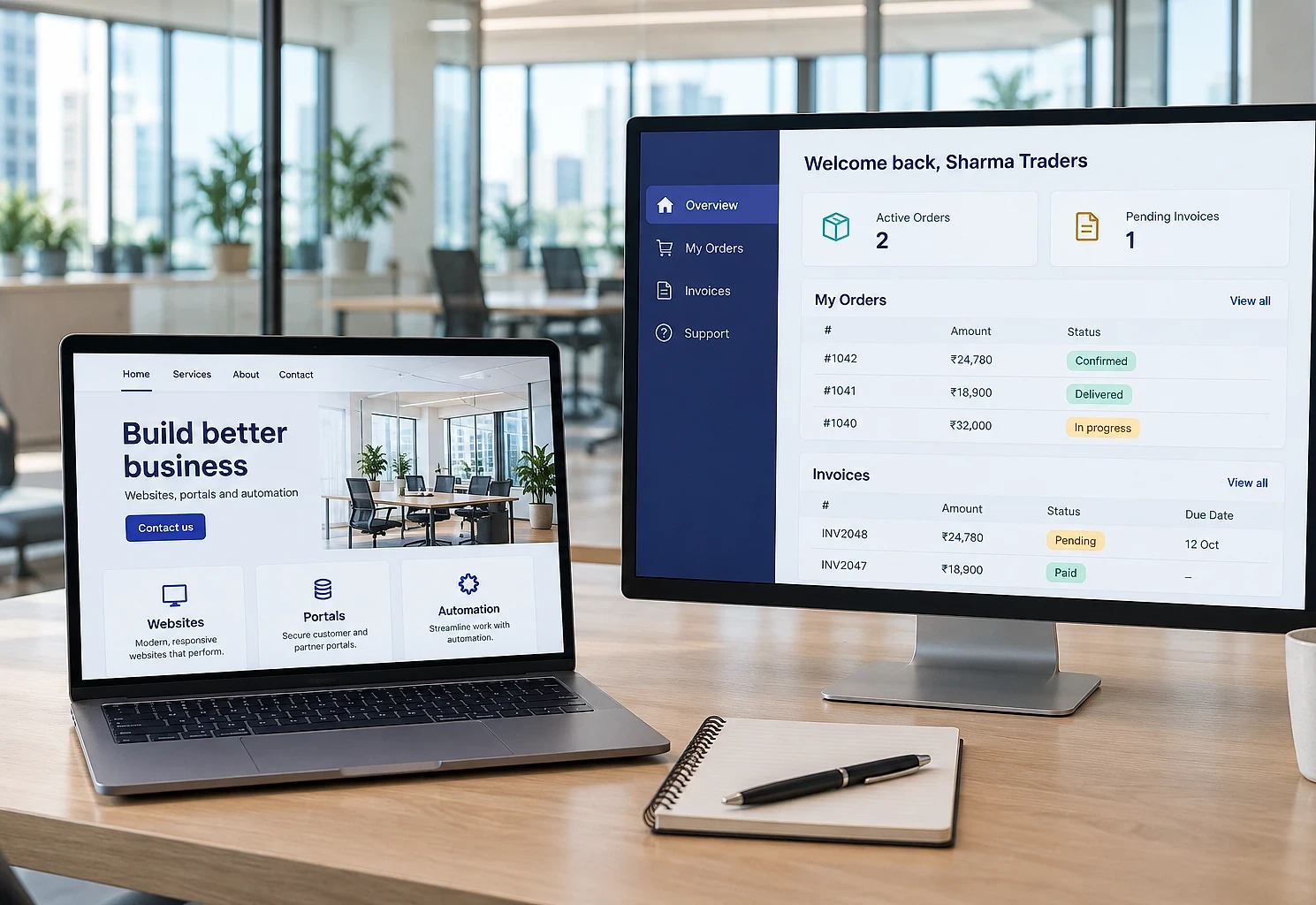 A business website on a laptop beside a customer portal showing that customer's own orders and invoices