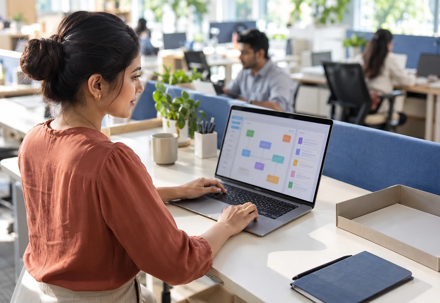 Operations executive watching documents sort themselves in a workflow tool on her laptop