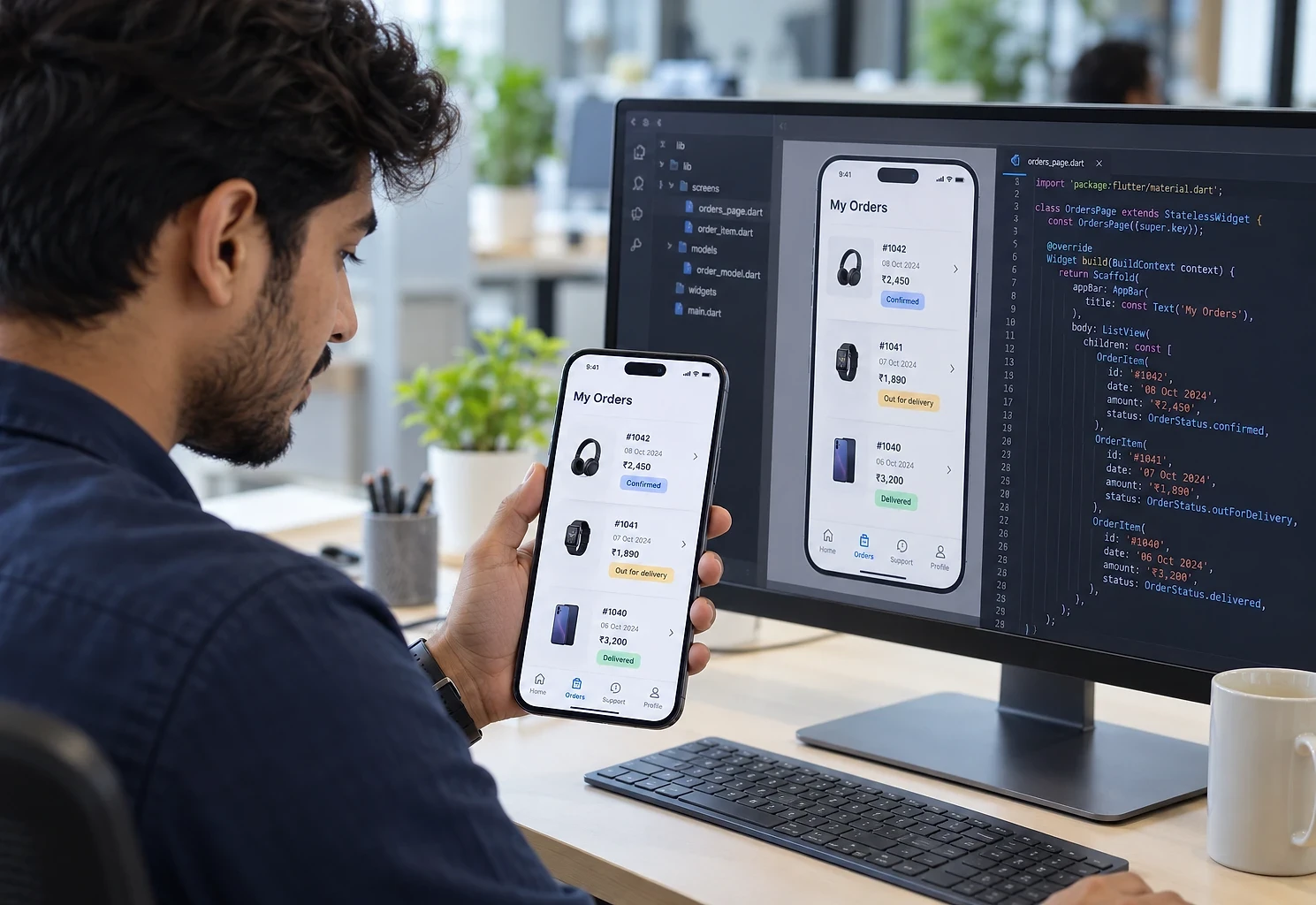 Mobile app developer comparing an orders screen on his phone with the same app in his code editor