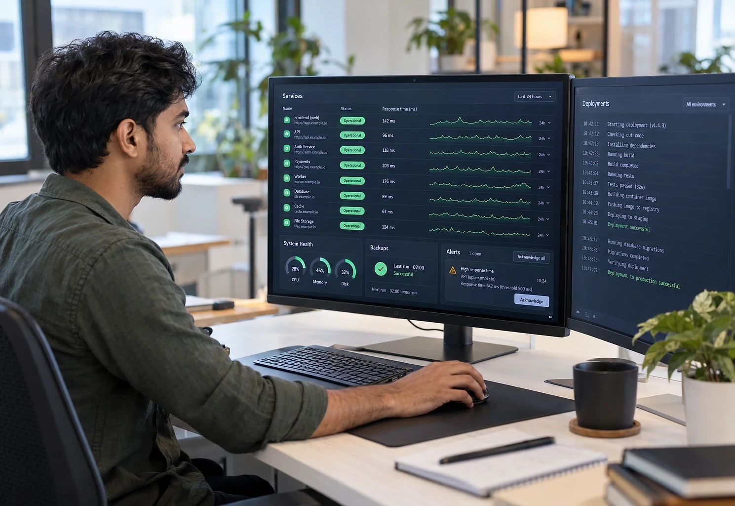 Cloud engineer checking an uptime and deployment monitoring dashboard across two screens