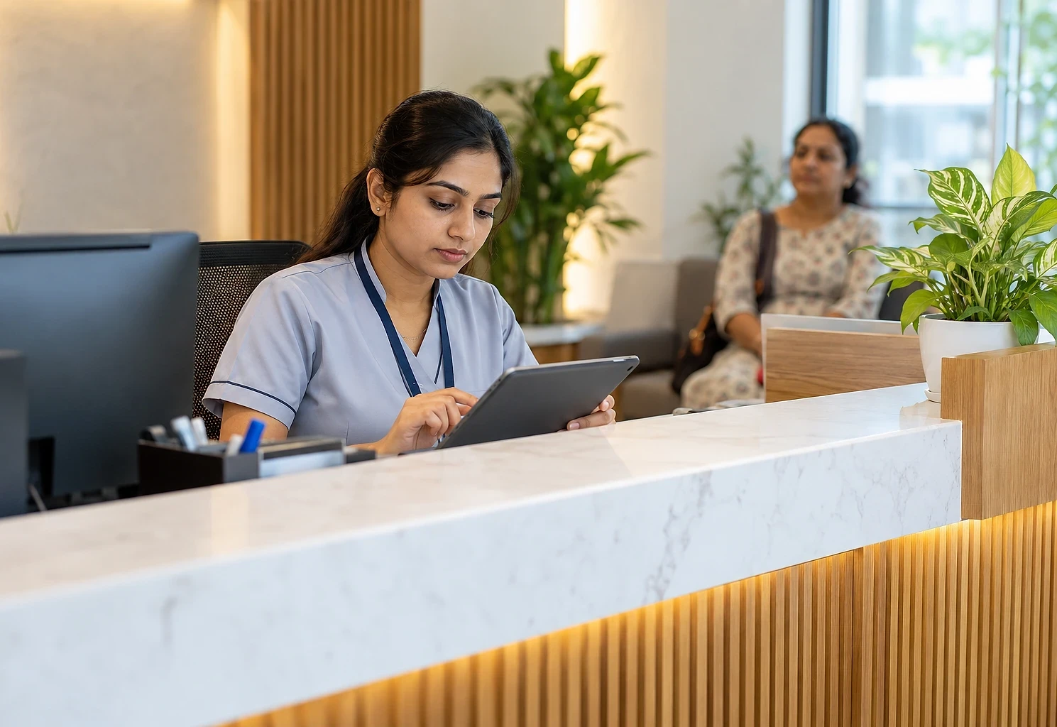 Clinic receptionist checking appointments on a tablet at the front desk