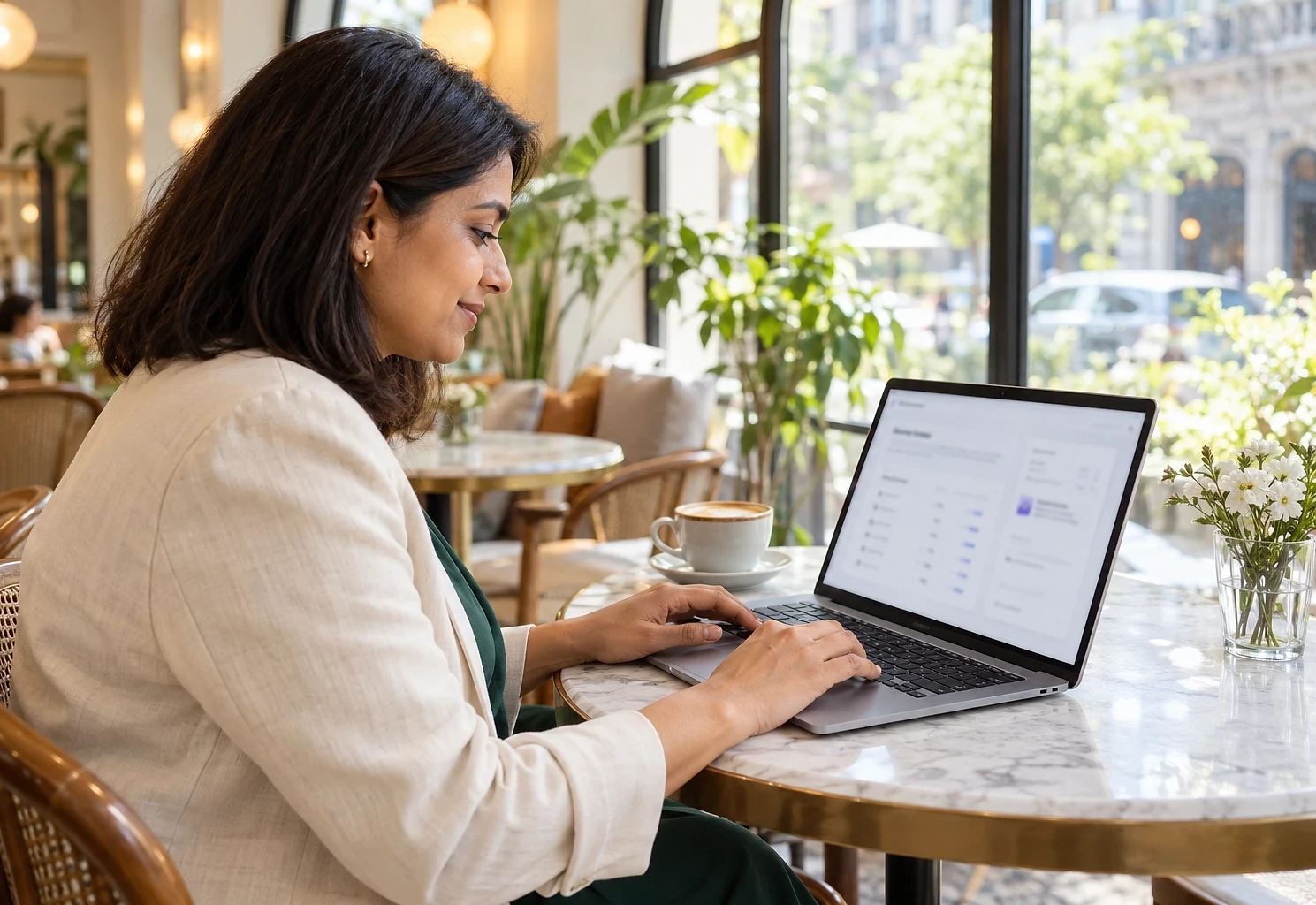Businesswoman checking her account and invoices on a customer portal at a cafe