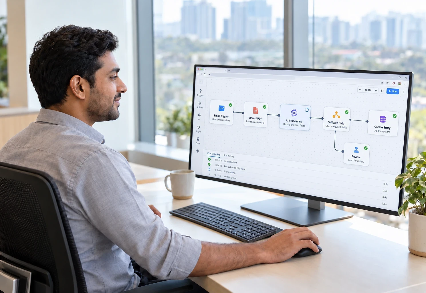 Accounts executive watching an incoming email and its invoice flow through an automated workflow