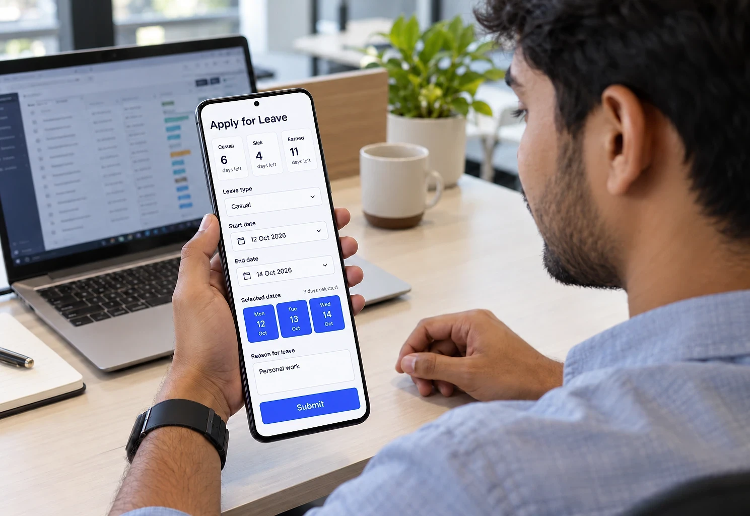 Employee applying for leave on his phone, with his leave balances on screen