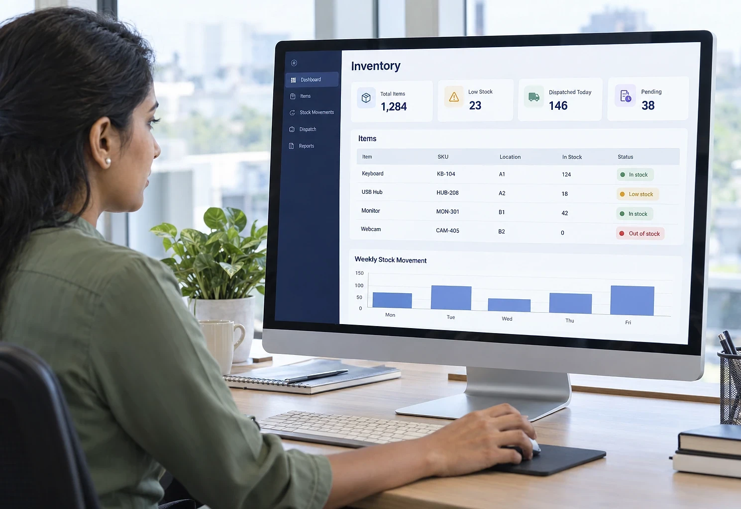 Operations manager checking stock levels and dispatch figures on an inventory dashboard