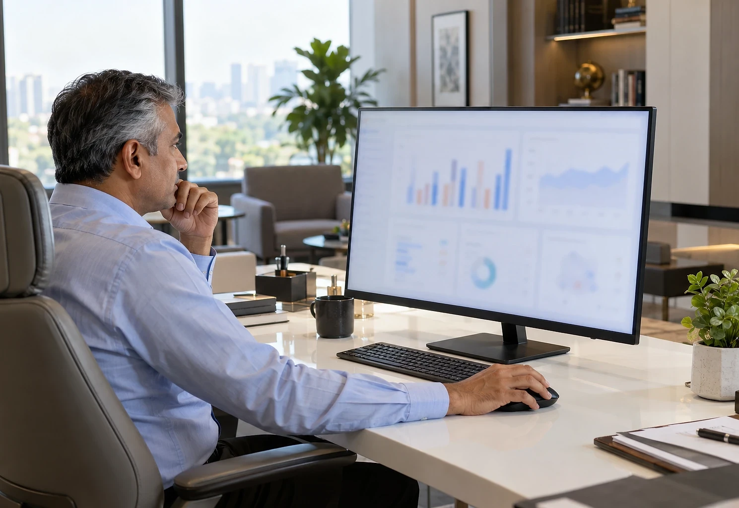 Business owner at his desk reviewing a management dashboard on a large monitor