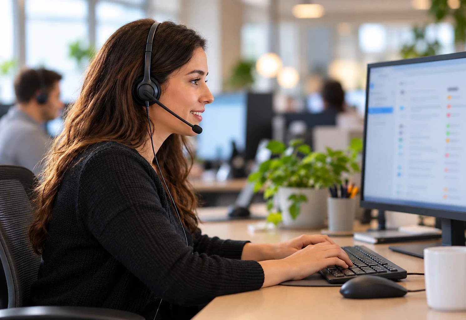 Support agent with a headset handling a customer query