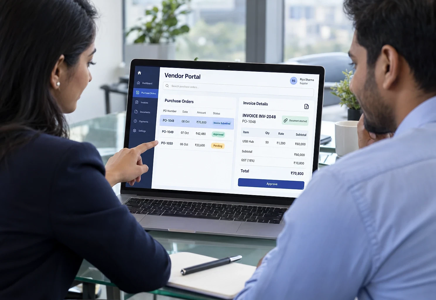 Purchase manager and a supplier reviewing purchase orders and an invoice in a vendor portal