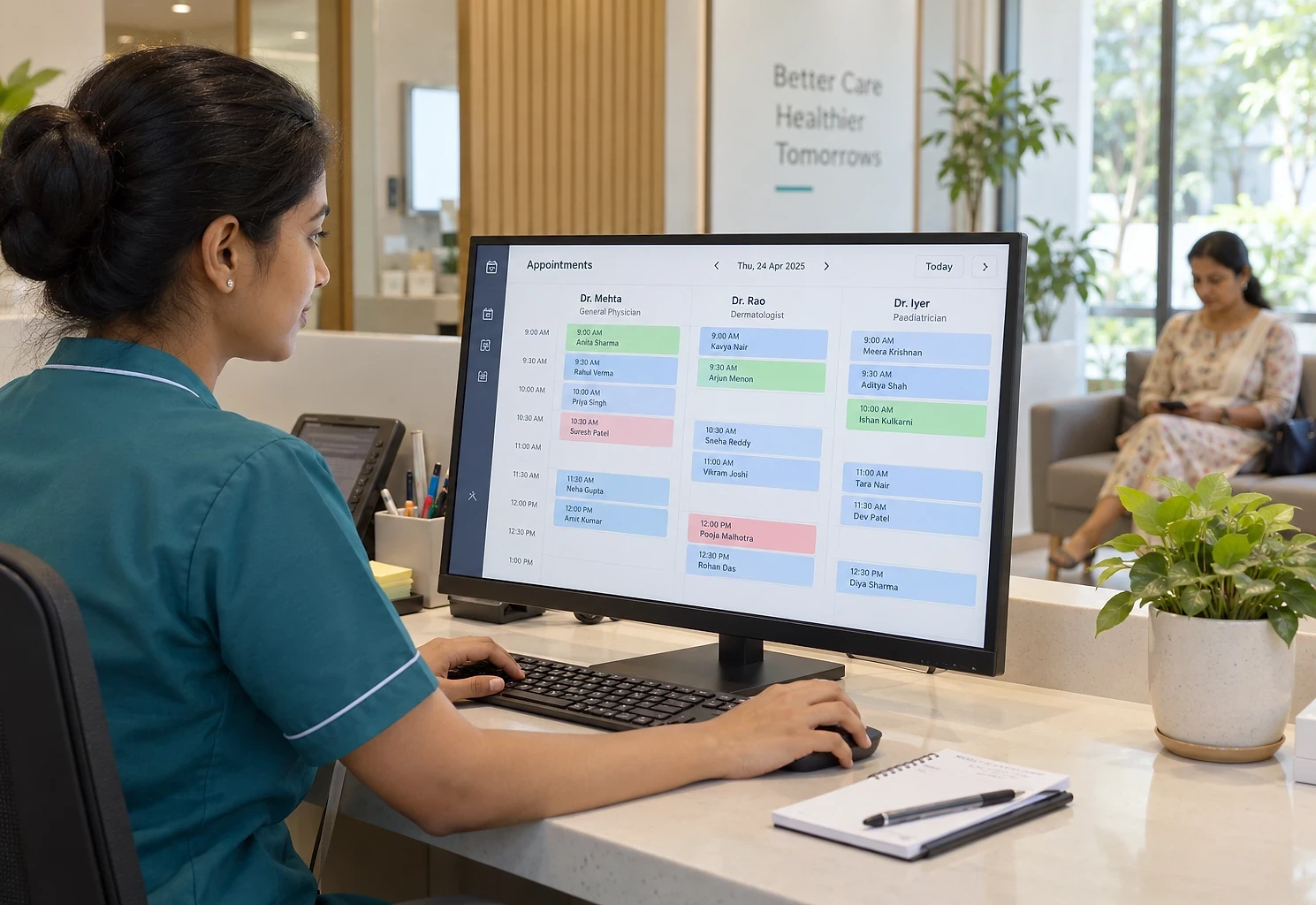 Clinic receptionist checking in a patient on a doctor-wise appointment calendar