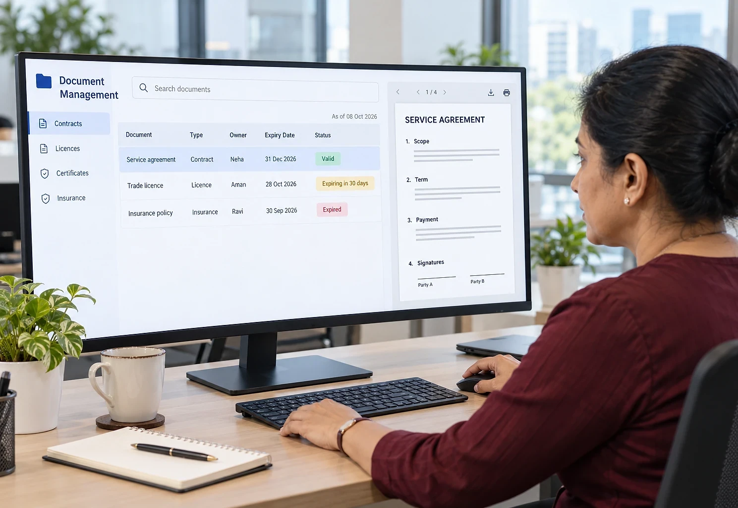 Compliance officer checking contract and licence expiry dates in a document management system