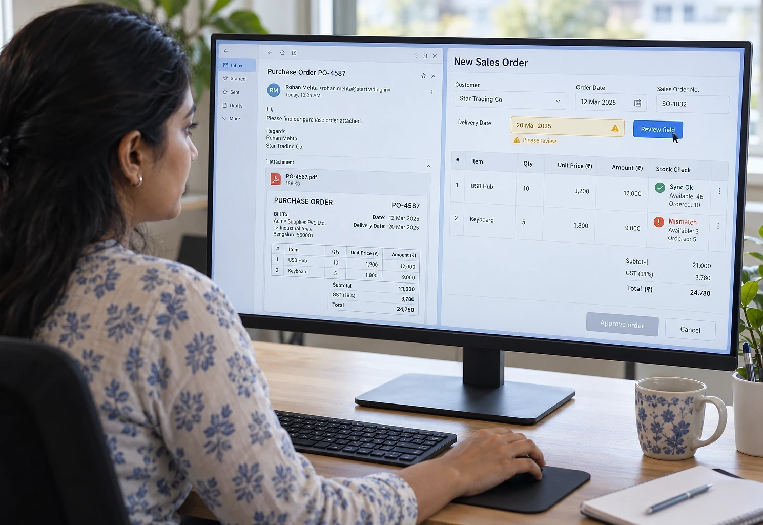 Sales coordinator reviewing a purchase order email beside the sales order created from it