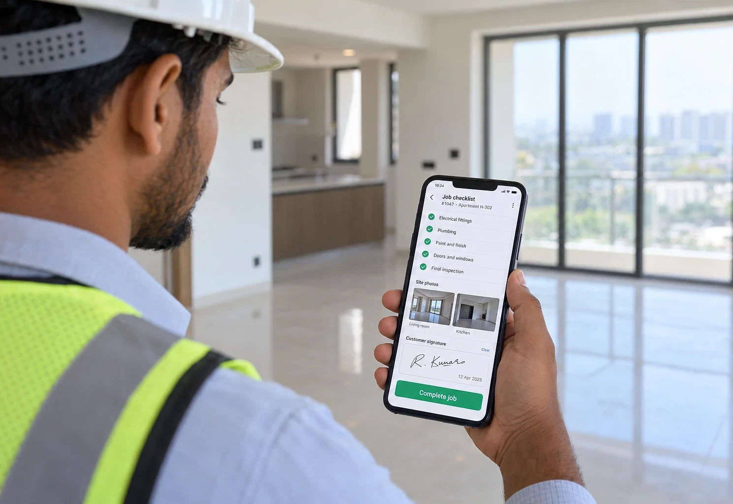 Site engineer completing a job checklist with photos and a customer signature on his phone