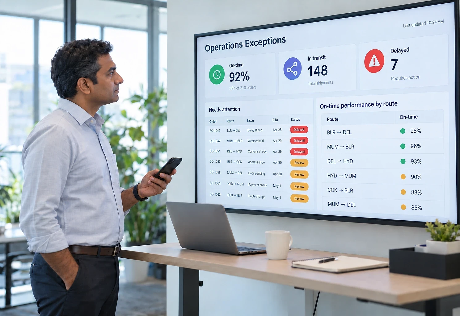 Operations manager reviewing delayed items on an exceptions dashboard
