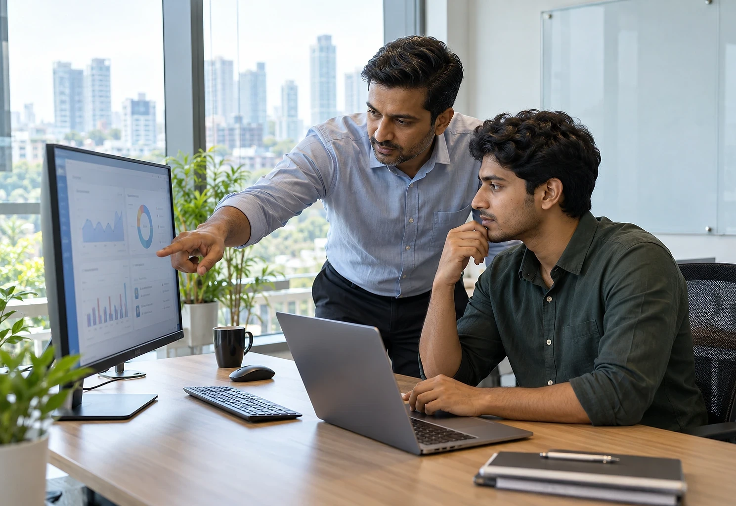 Manager pointing at a web dashboard while a colleague reviews it on a laptop