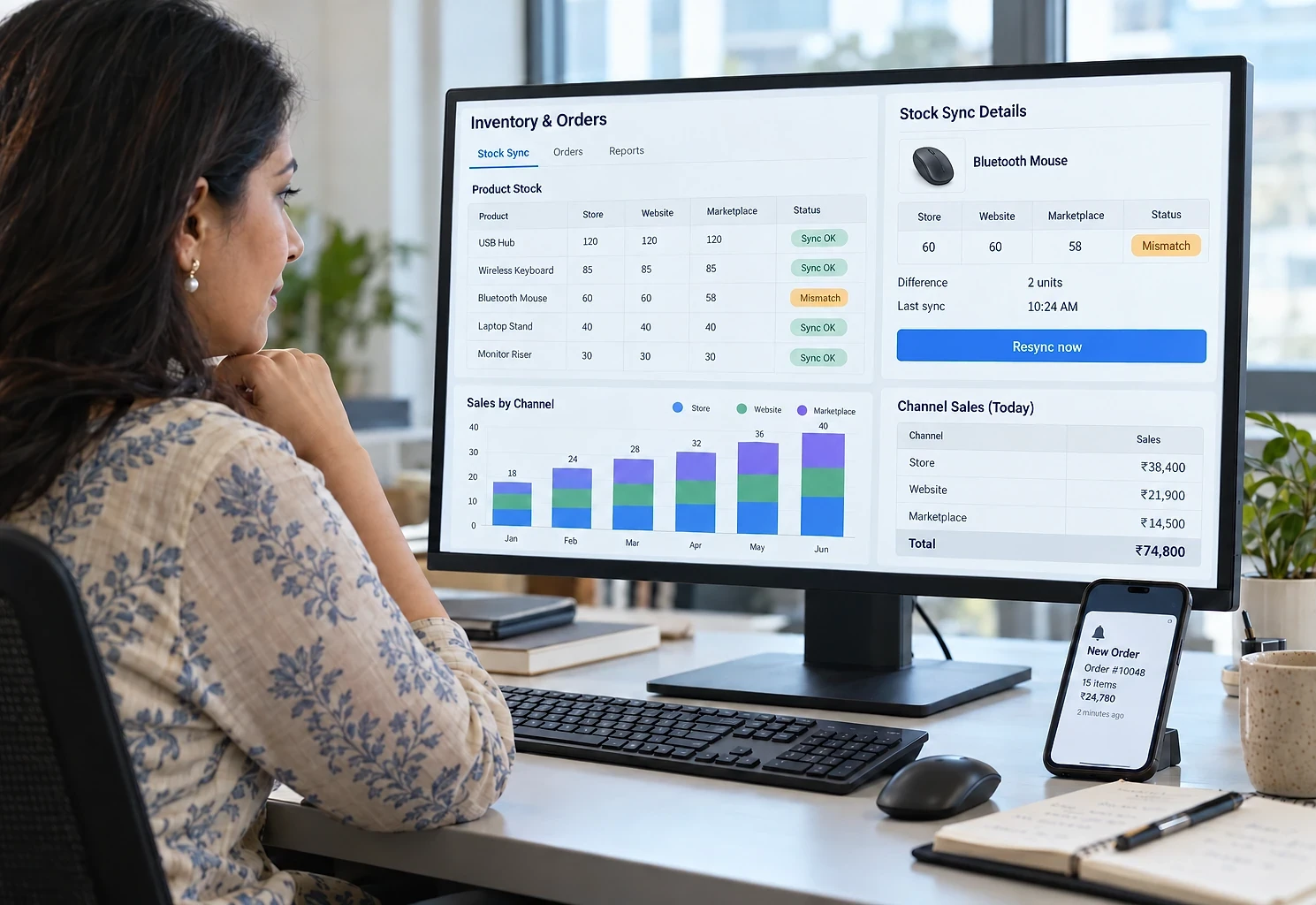 Business owner checking stock synced across her store, website and marketplace