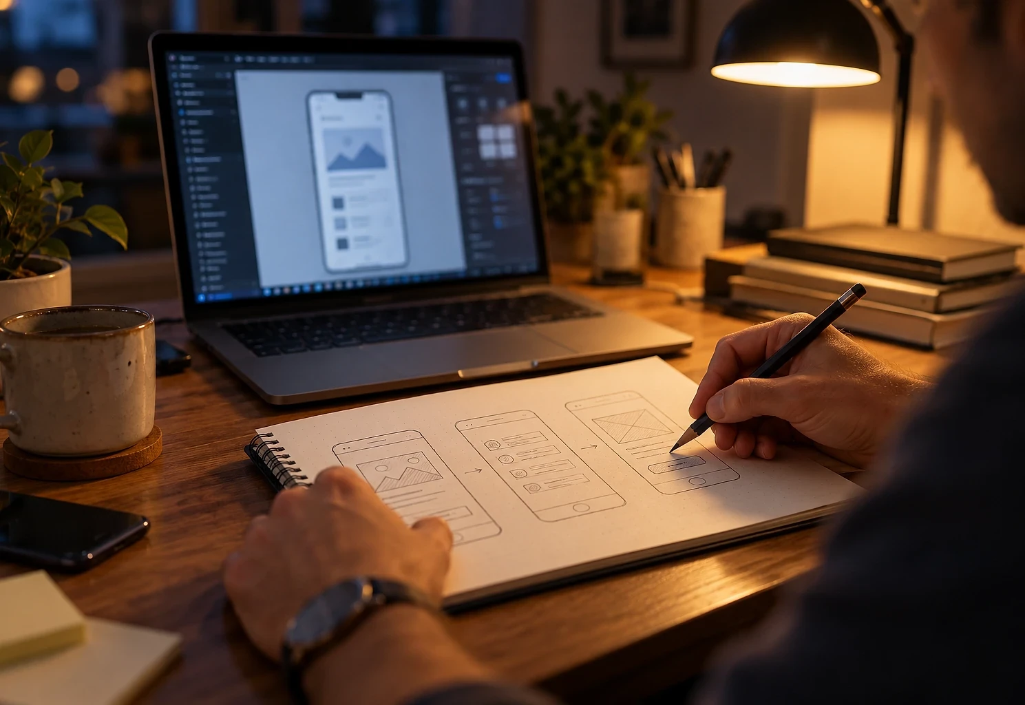 Hands sketching an app screen on paper next to the same layout on a laptop