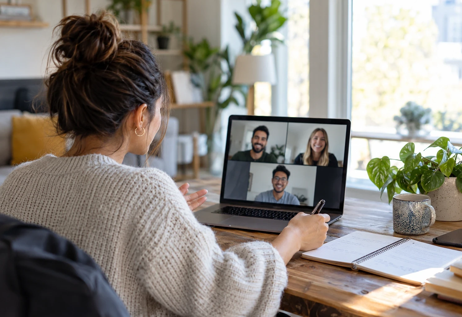 Person on a video call with three colleagues from a home office