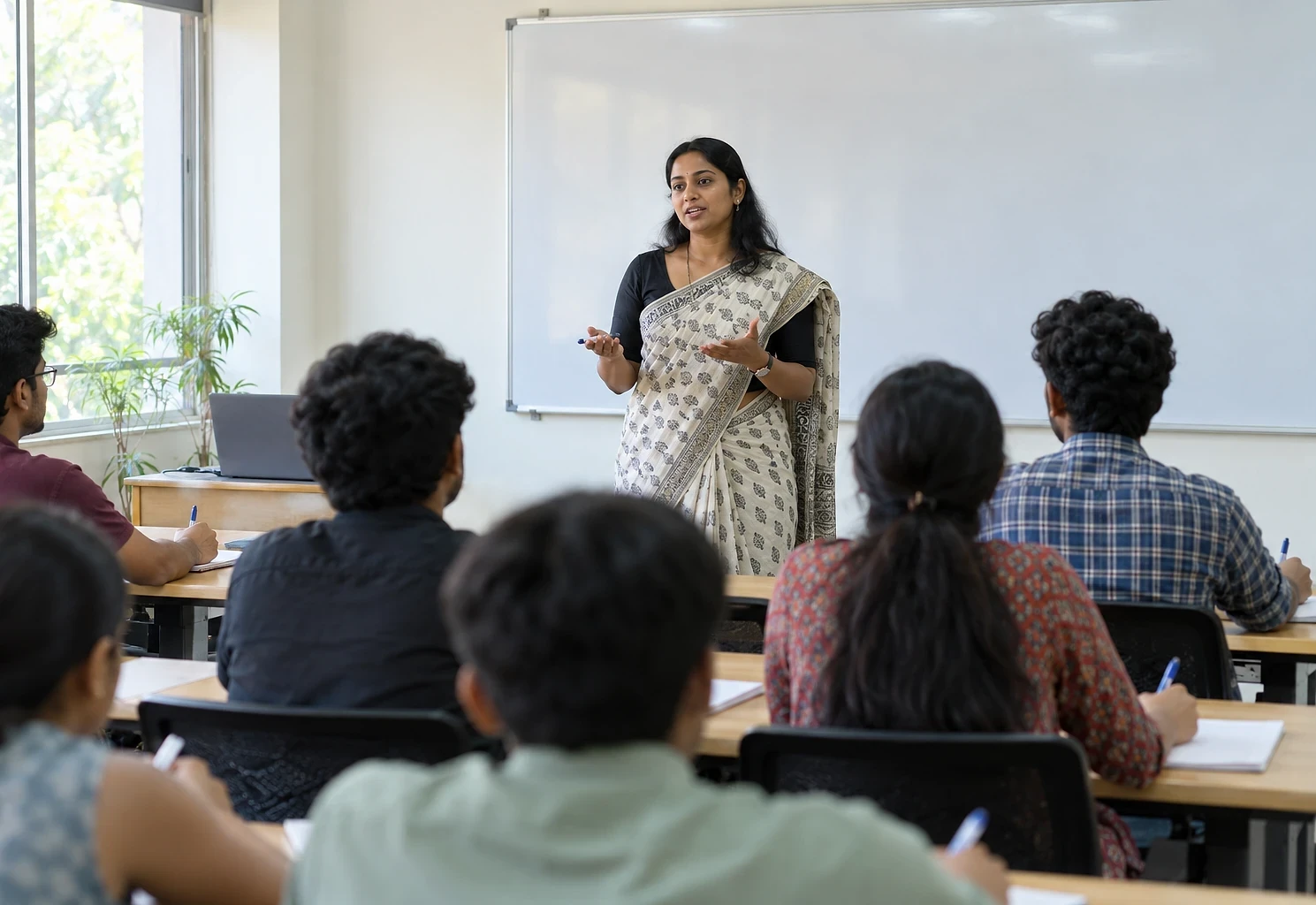 Teacher presenting to a classroom of college students