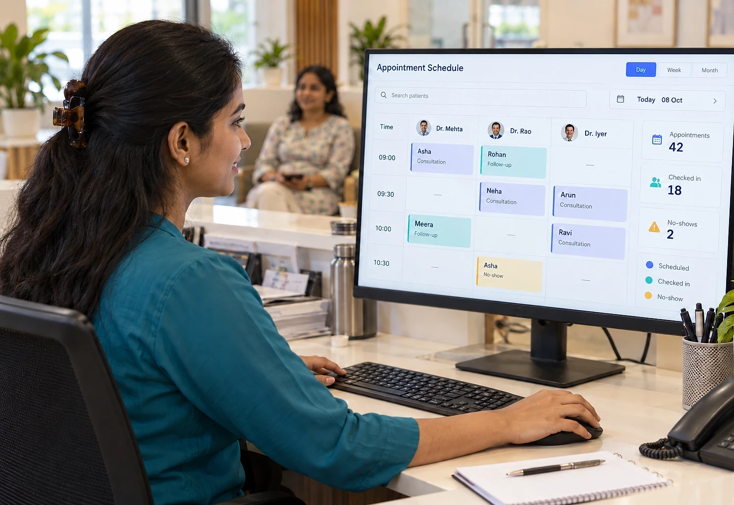Clinic receptionist managing the day's appointments by doctor on a scheduling screen
