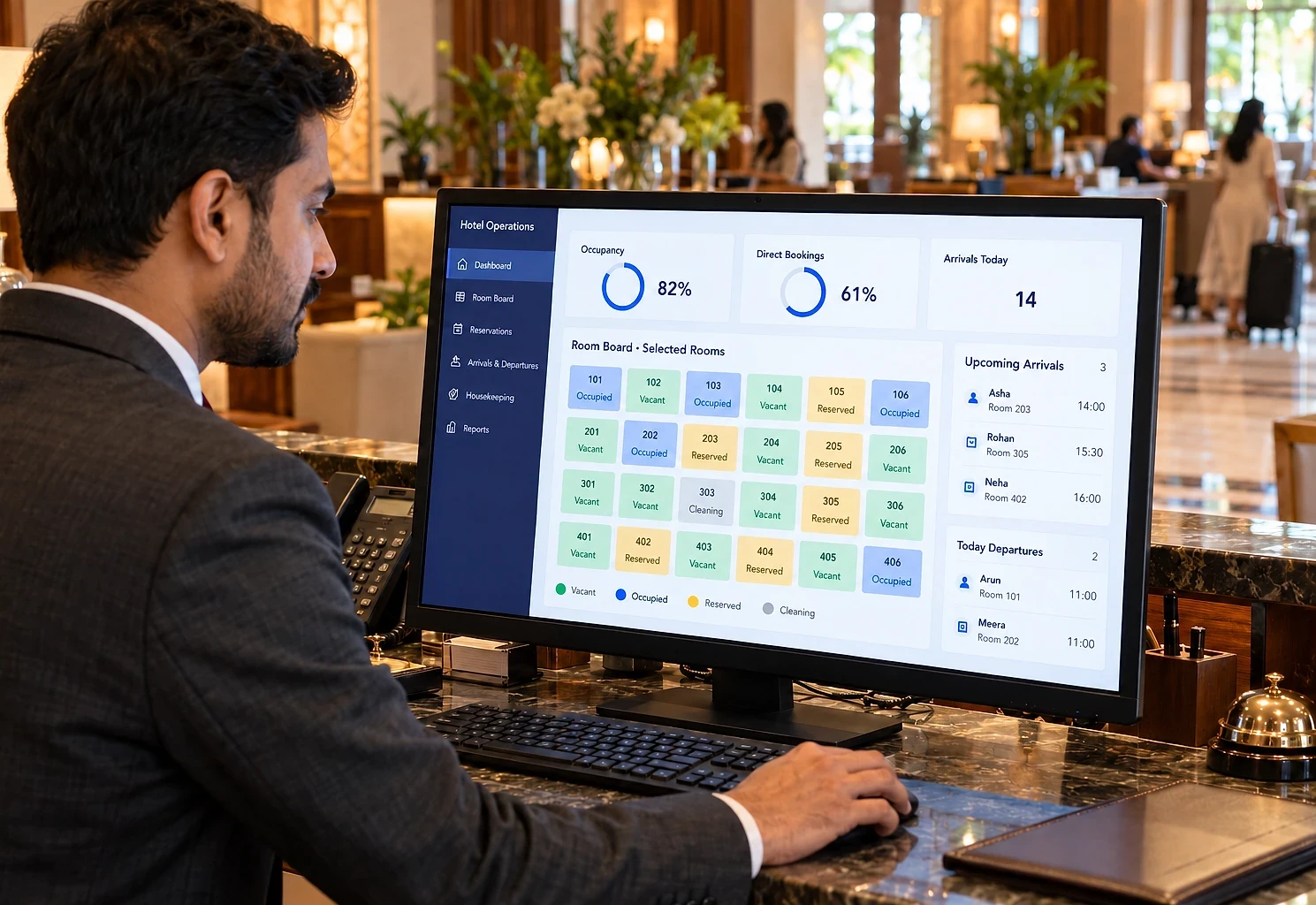 Hotel manager checking the room board and today's arrivals at the front desk