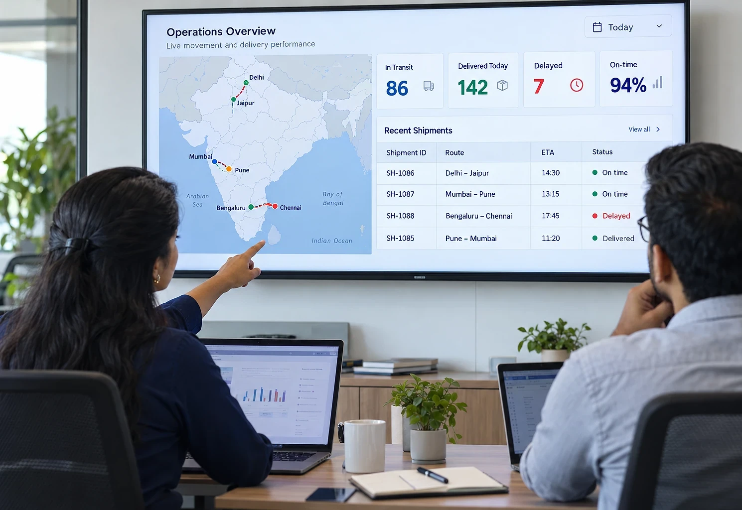 Operations team reviewing live shipment routes and delivery status on a wall-mounted dashboard