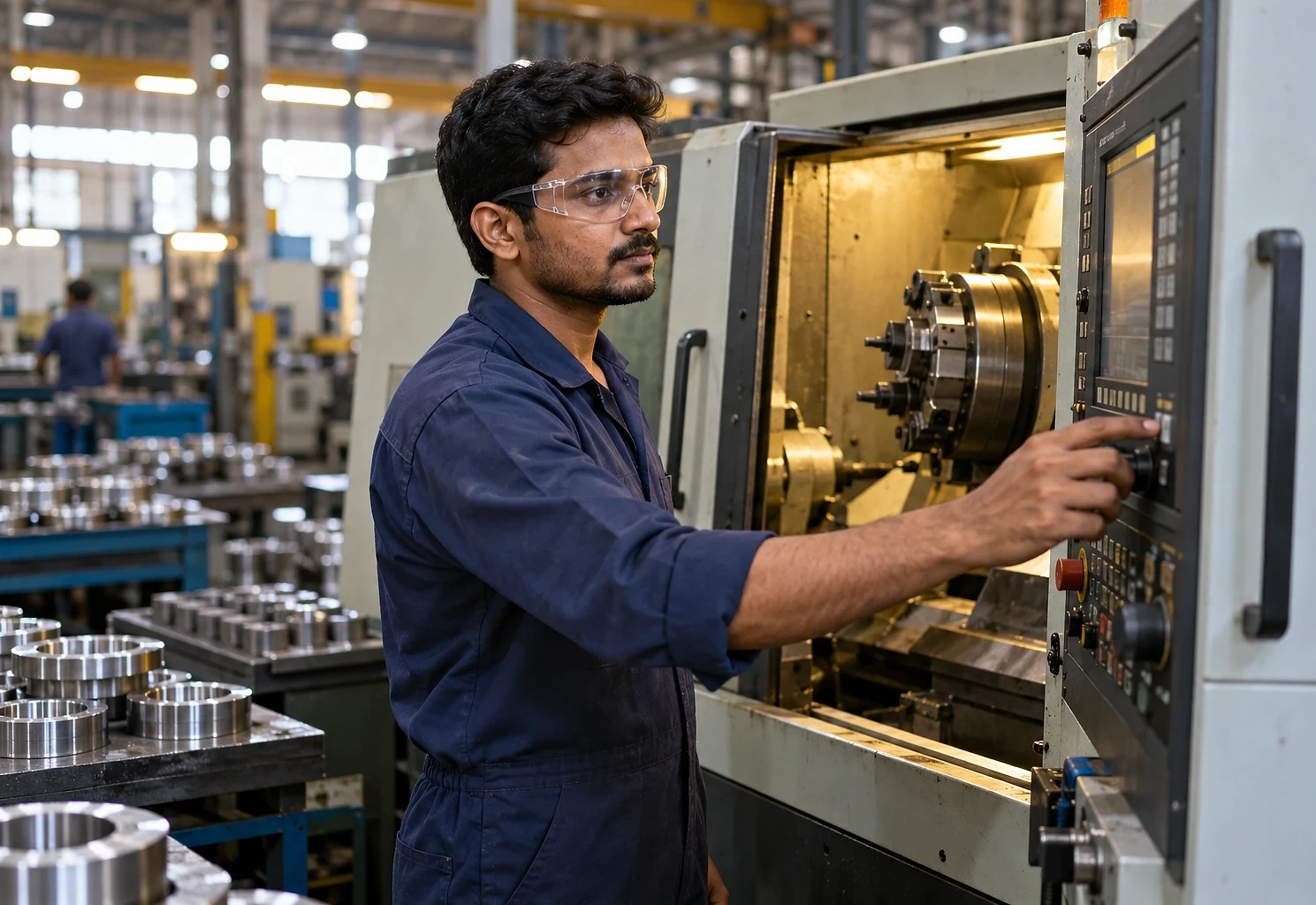 Machine operator at the control panel of a factory machine