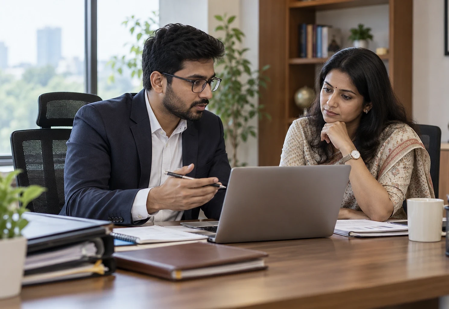 Two professionals discussing work over a laptop