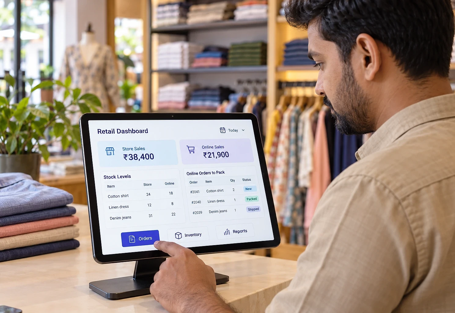 Store owner checking shop and online sales and stock on a counter tablet