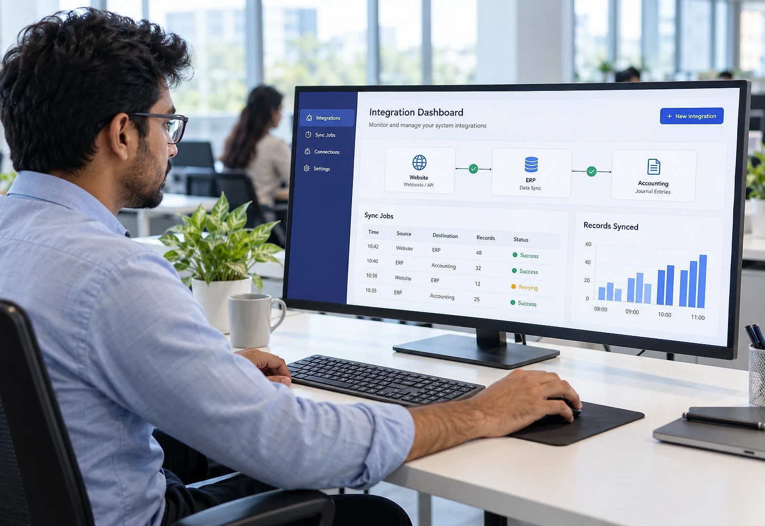 Integration engineer monitoring data syncing between a website, ERP and accounting system