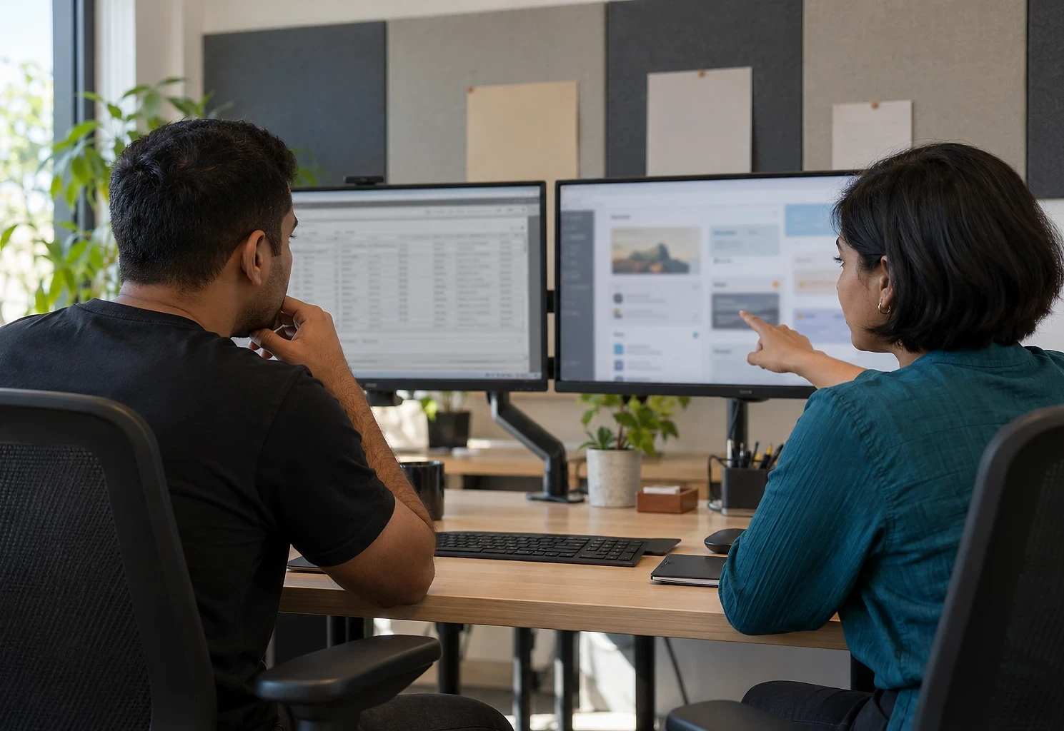 Two engineers comparing an old table-based business screen with its modern redesign