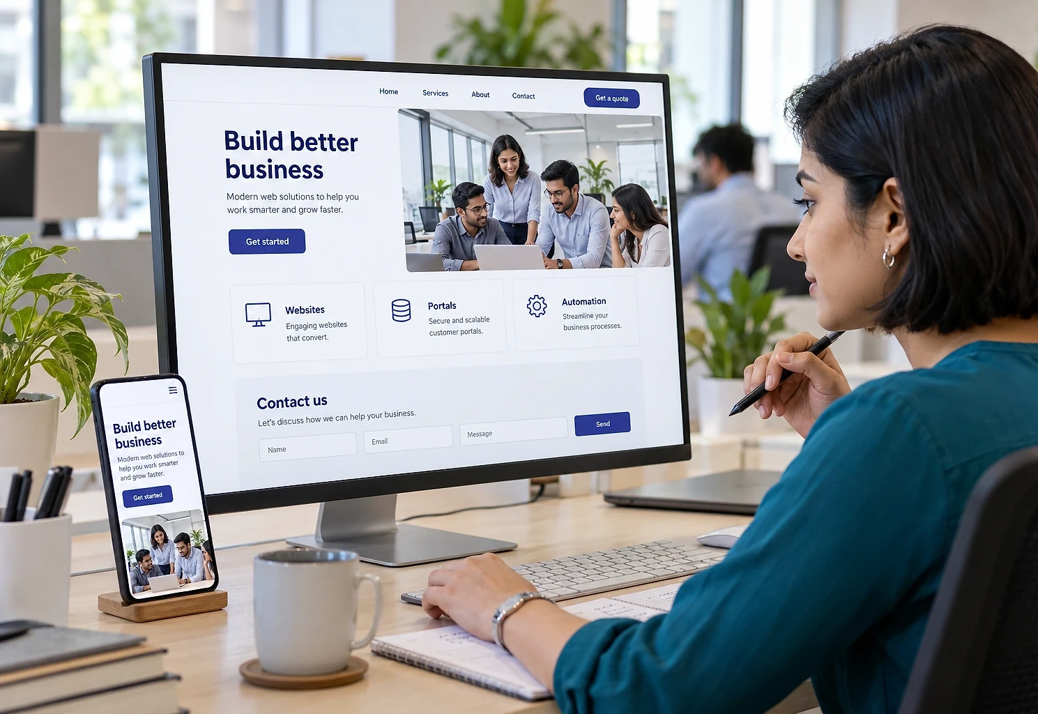 Web designer reviewing a business website on a monitor and its mobile version on a phone